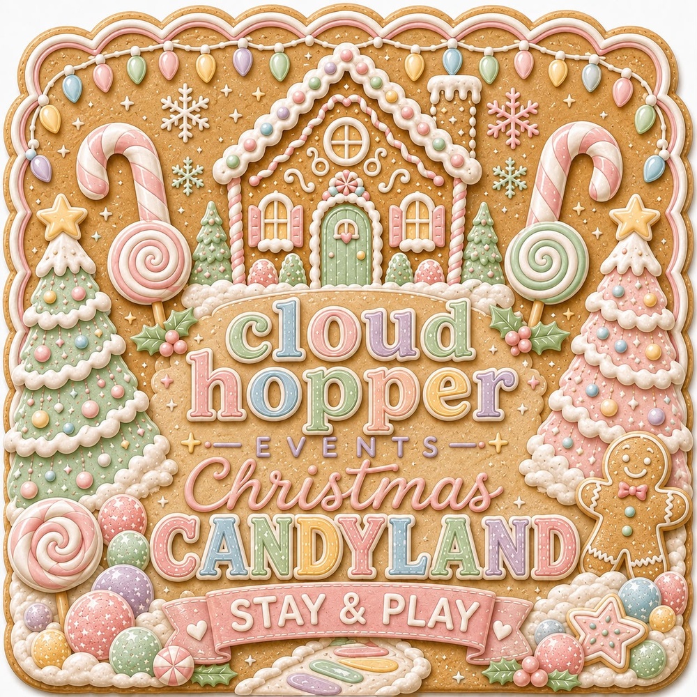 Christmas Candyland Stay & Play — December event poster in gingerbread and pastel candy style. Dates and tickets to follow.